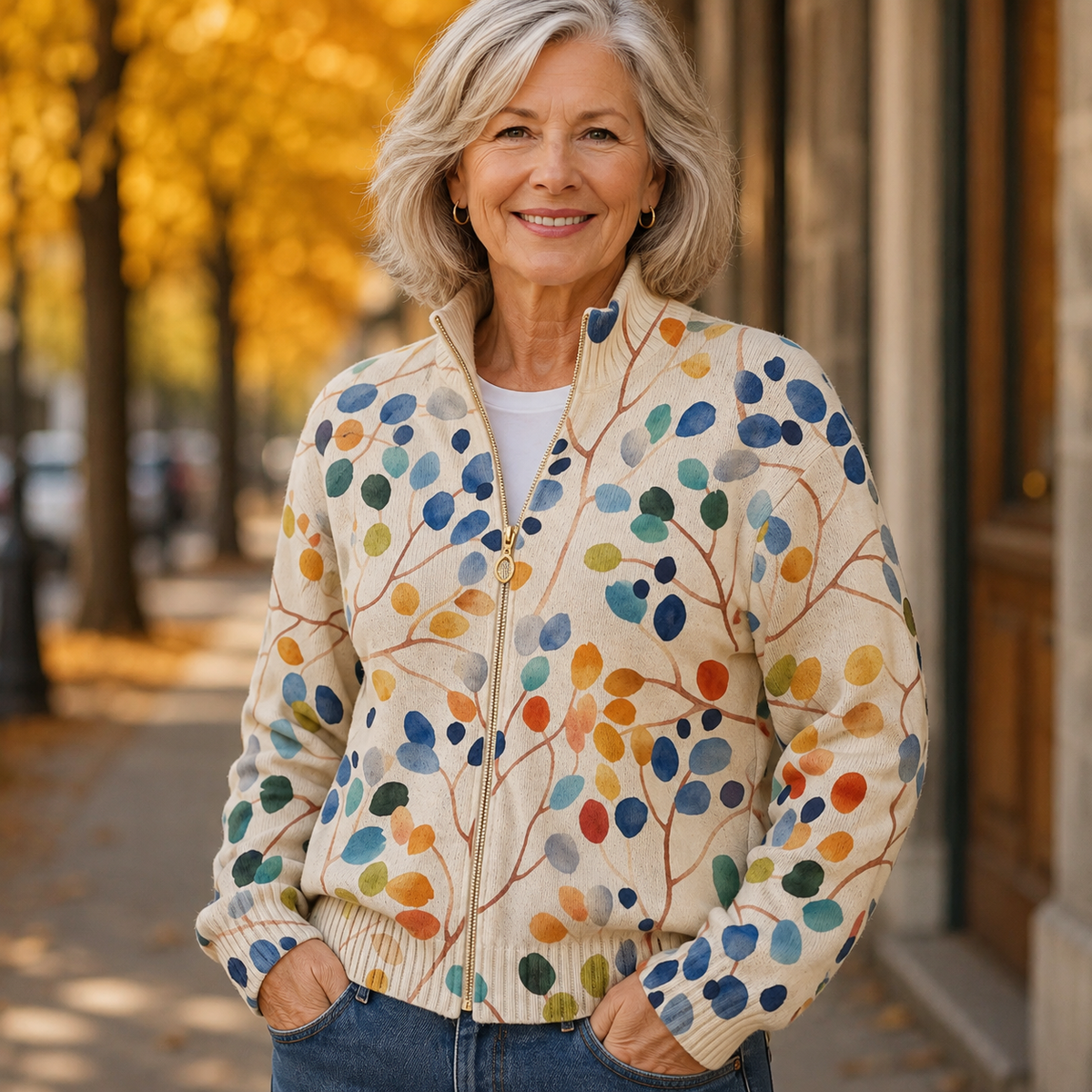 Orvella | Women's Botanical Print Zip-Up Cardigan — Watercolor Leaf Ribbed Knit with Mock Neck | Westmere