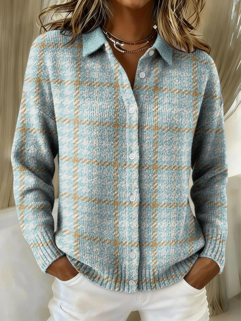 Women's Plaid Collared Cardigan, Button-Down Front | Timeless Check Pattern, Ribbed Cuffs | Blue | S–5XL