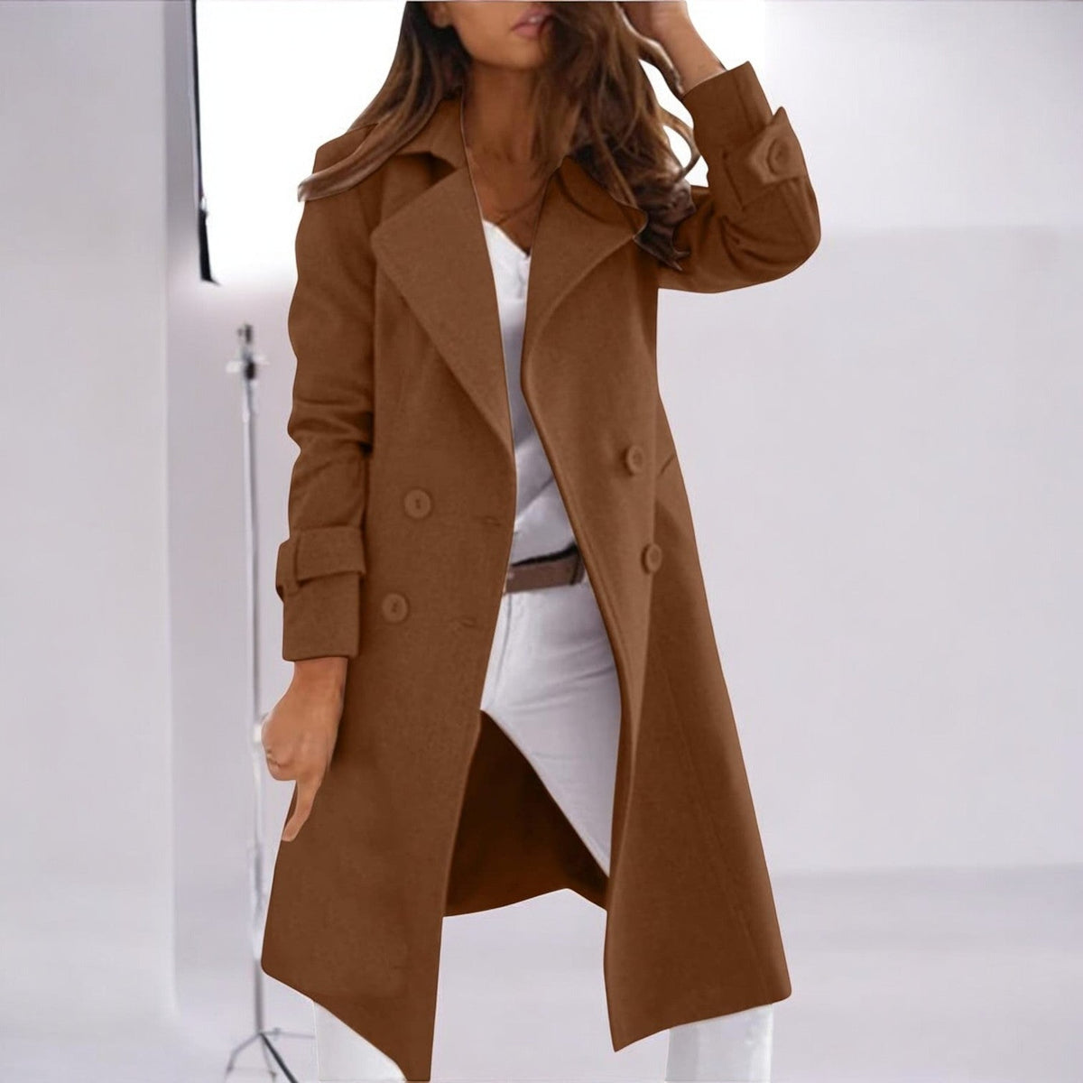 Priya Womens Mid-Length Winter Coat with Notched Collar in Brown