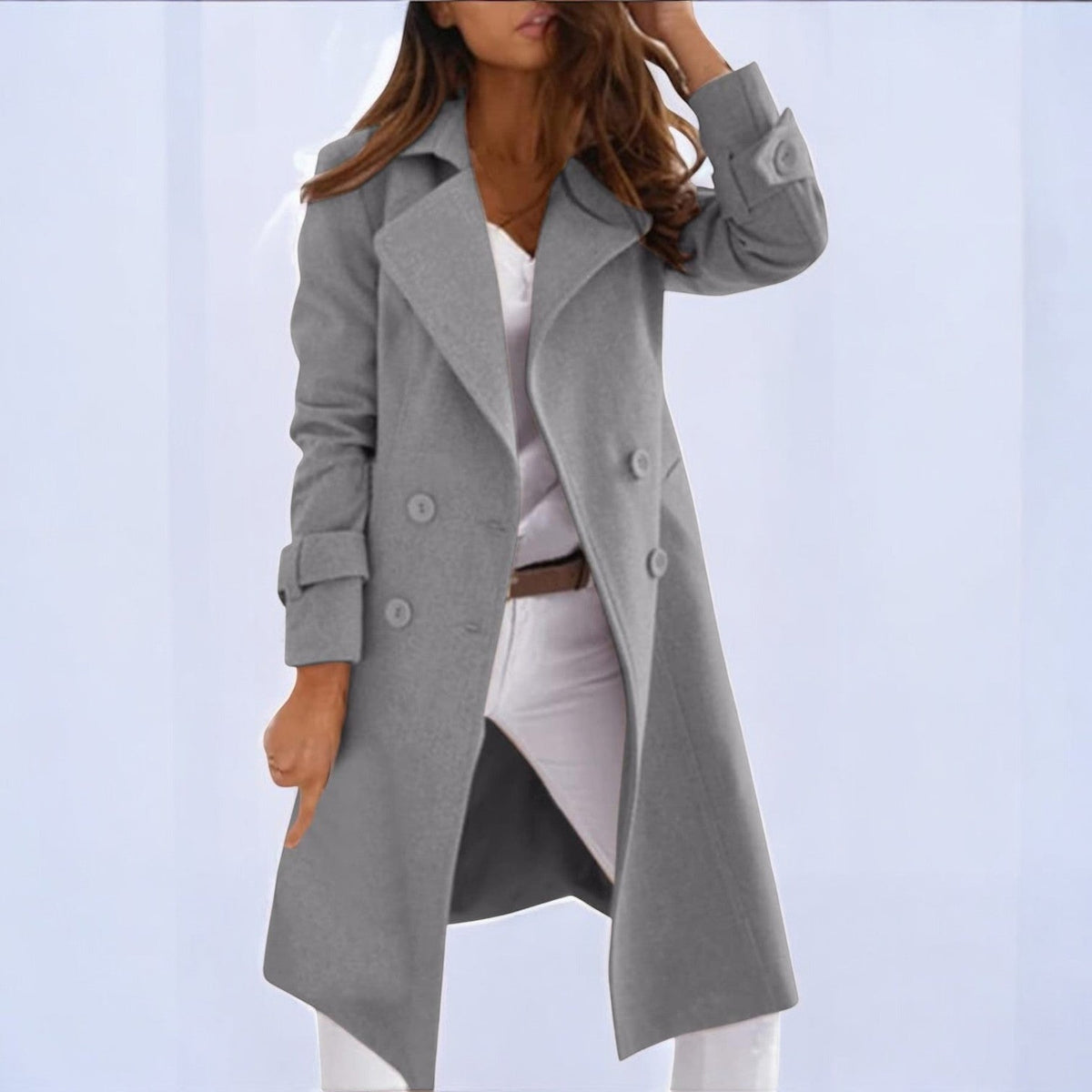 Priya Womens Mid-Length Winter Coat with Notched Collar in Gray