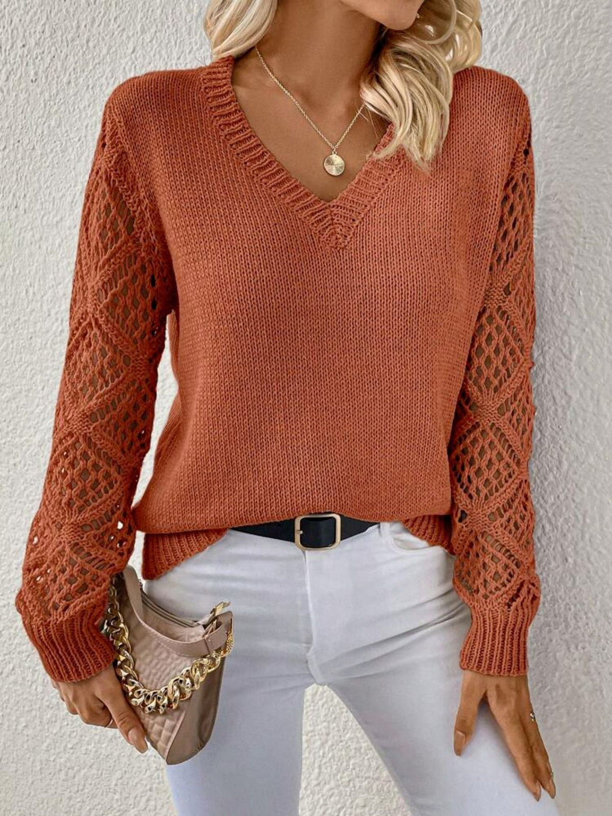 Women's V-Neck Crochet-Sleeve Sweater, Ribbed Cuffs | Solid Body, Open-Knit Sleeves | 5 Colorways | S–XL
