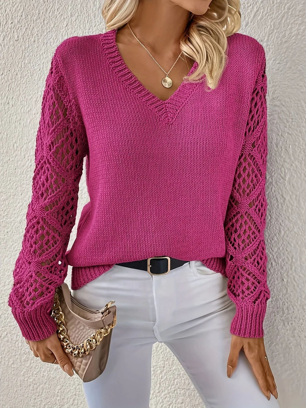 Women's V-Neck Crochet-Sleeve Sweater, Ribbed Cuffs | Solid Body, Open-Knit Sleeves | 5 Colorways | S–XL