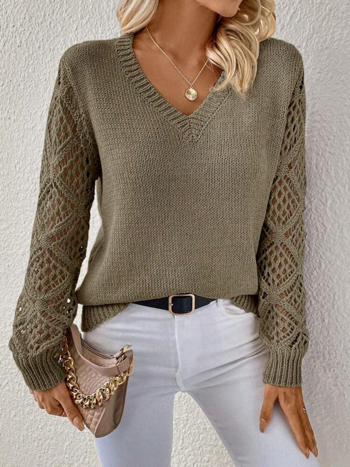 Women's V-Neck Crochet-Sleeve Sweater, Ribbed Cuffs | Solid Body, Open-Knit Sleeves | 5 Colorways | S–XL