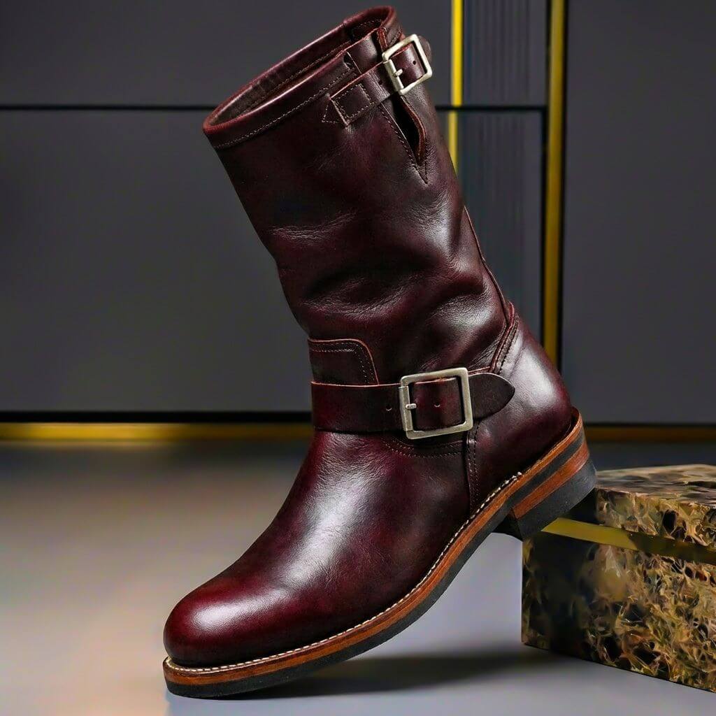 Sullivan Mens Aged Leather Retro Boots with Buckles in Burgundy Red