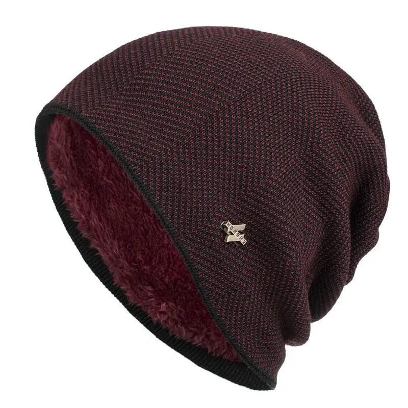 Alex Unisex Herringbone Knit Beanie with Faux Fur Lining in Burgundy