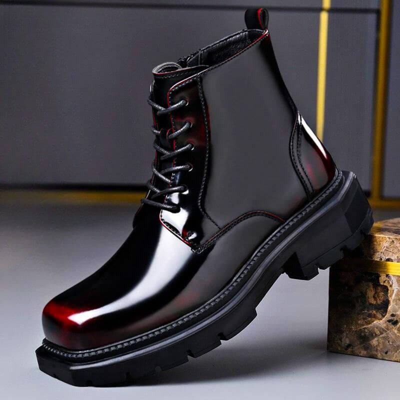 Callister Mens Glossy Leather Boots, Vintage Style in Crimson Red