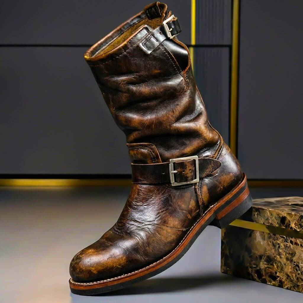 Sullivan Mens Aged Leather Retro Boots with Buckles in Retro Brown
