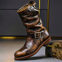 Sullivan | Mens Aged Leather Retro Boots with Buckles | Cushioned Insoles, Grip Sole | Brown, Burgundy and More US 6-14.5