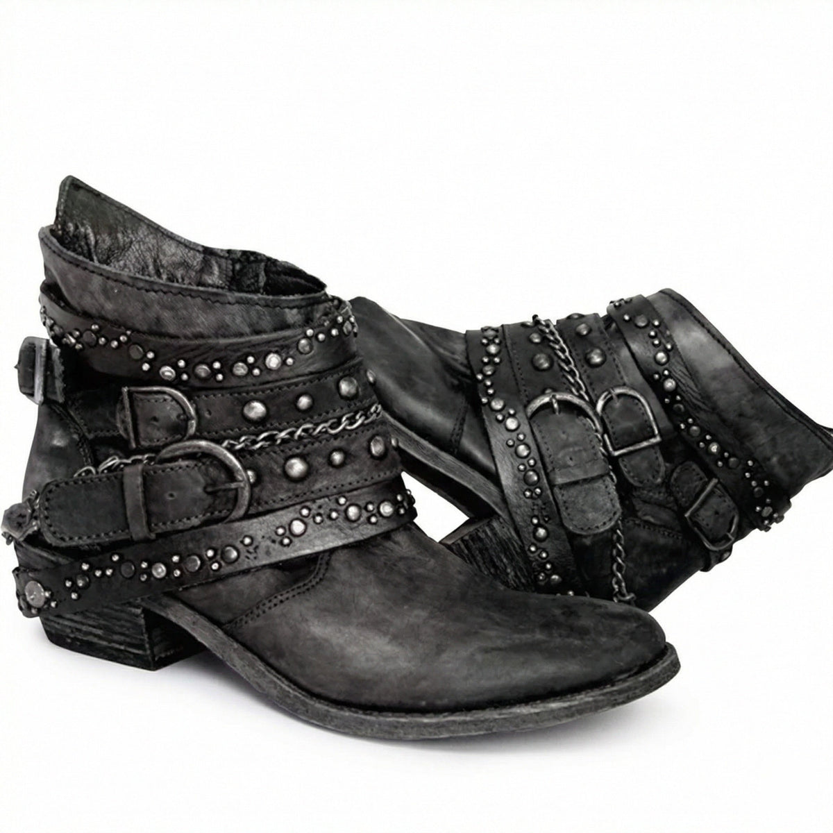 Kelly Womens Studded Leather Ankle Boots with Buckles in Black