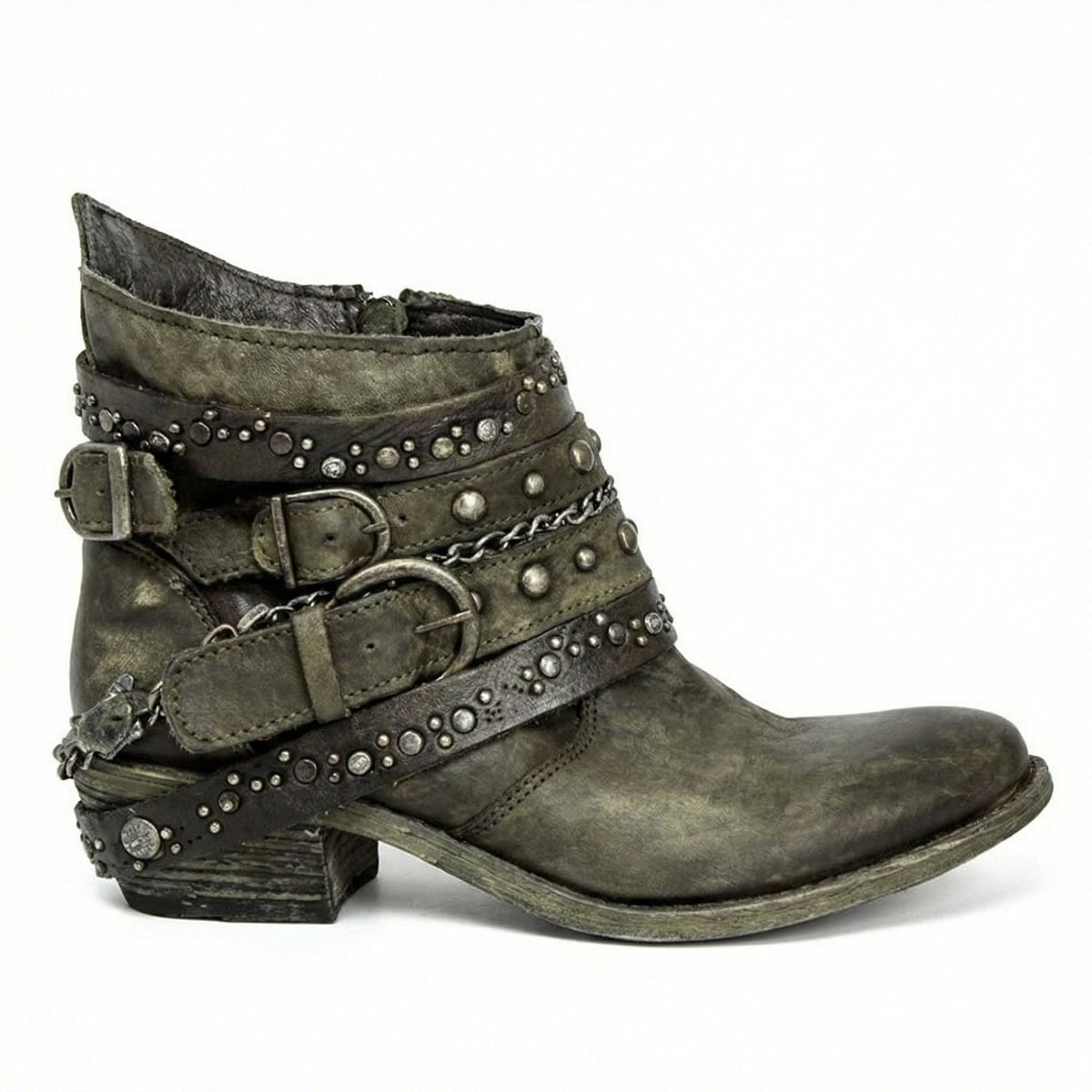 Kelly Womens Studded Leather Ankle Boots with Buckles in Green