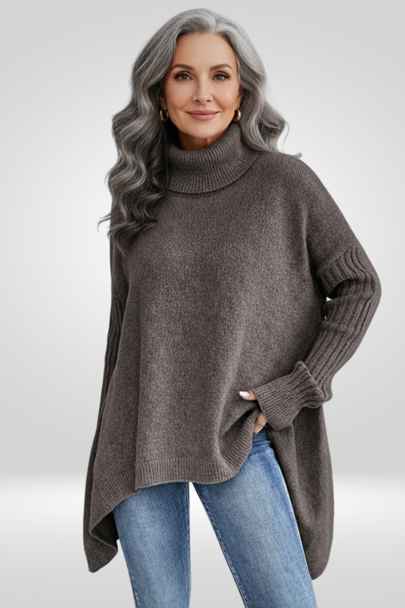 Romara | Women's Oversized Turtleneck Sweater — Draped Asymmetric Hem Pullover in 5 Colors | Westmere