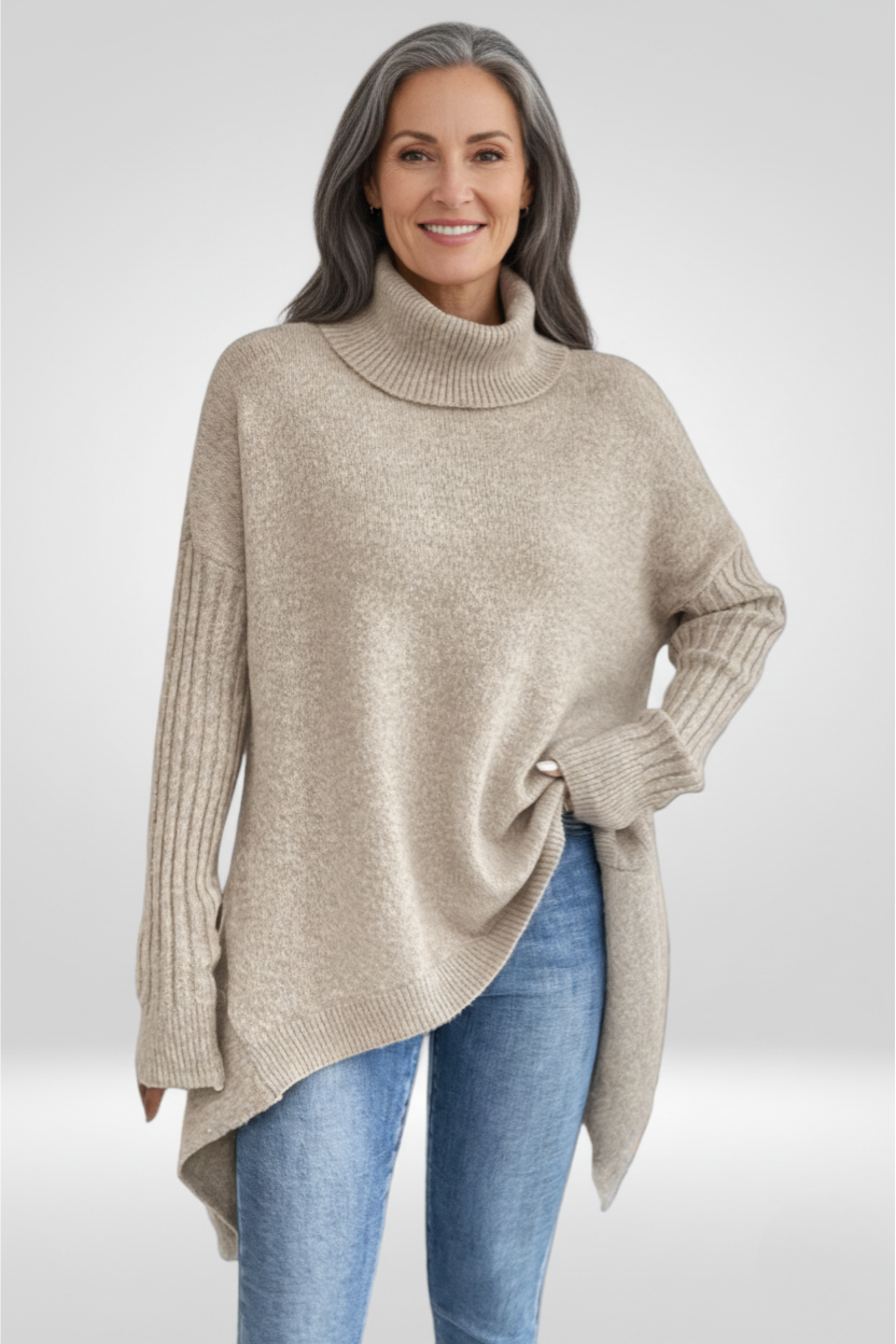 Romara | Women's Oversized Turtleneck Sweater — Draped Asymmetric Hem Pullover in 5 Colors | Westmere