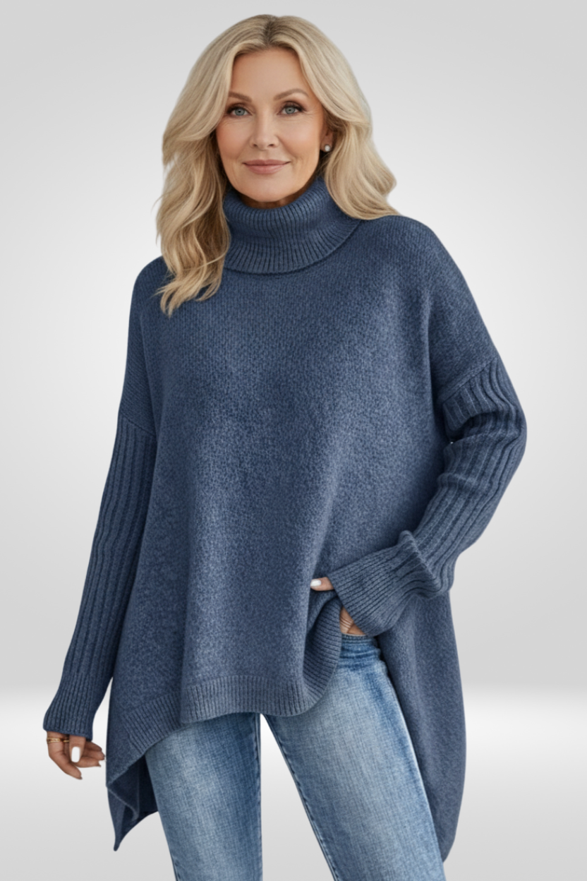 Romara | Women's Oversized Turtleneck Sweater — Draped Asymmetric Hem Pullover in 5 Colors | Westmere