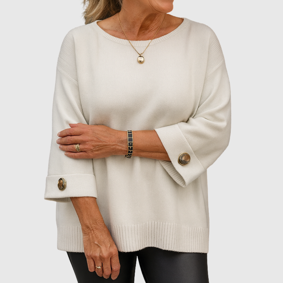 Romilly | Women's Relaxed Fit Crew Neck Sweater — Wide Cuffs with Gold-Tone Buttons in 4 Colors | Westmere