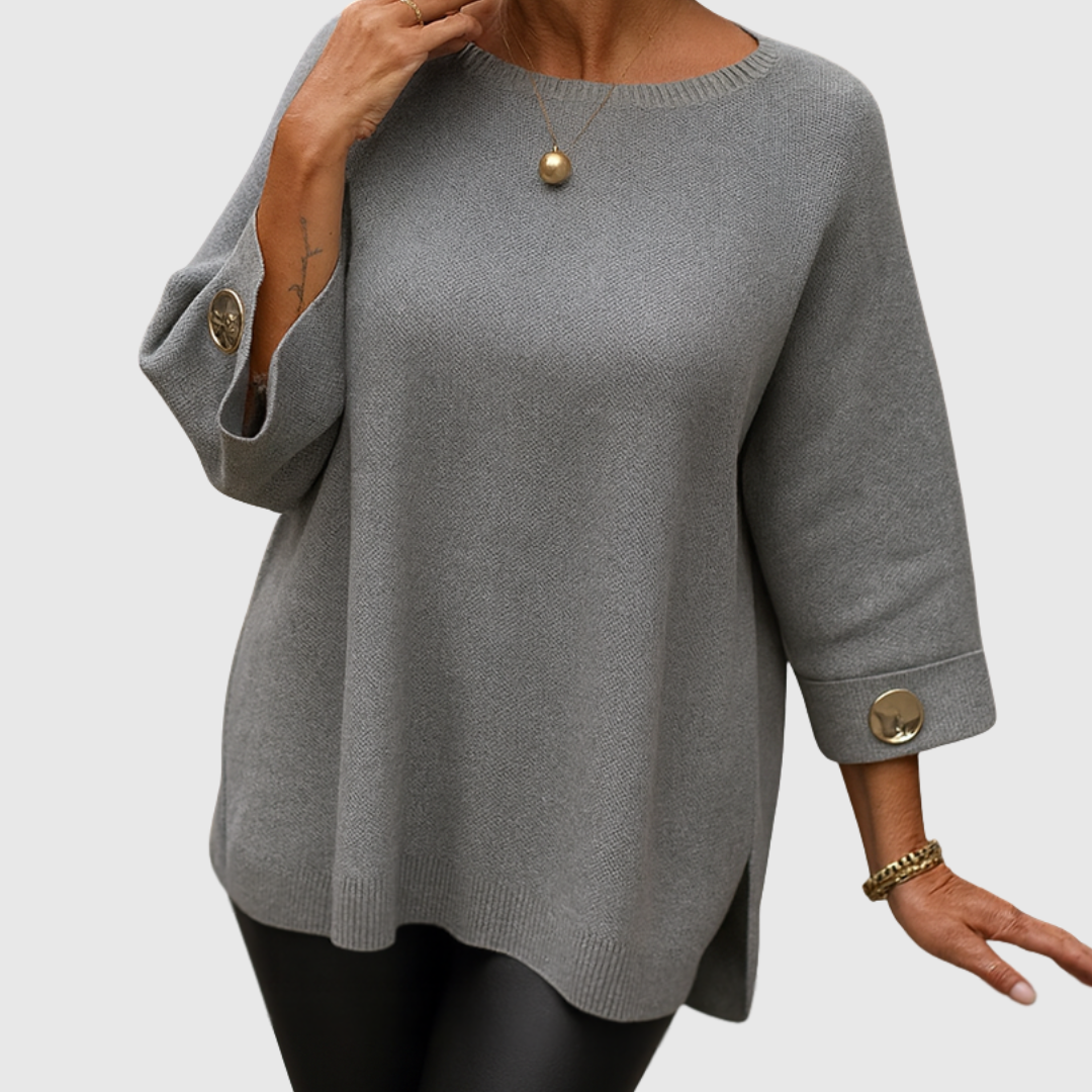 Romilly | Women's Relaxed Fit Crew Neck Sweater — Wide Cuffs with Gold-Tone Buttons in 4 Colors | Westmere