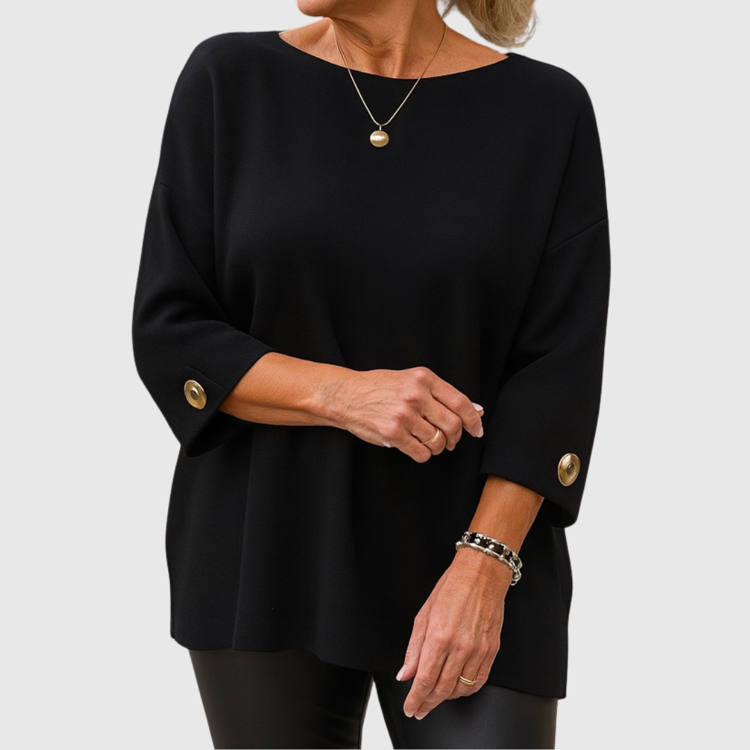 Romilly | Women's Relaxed Fit Crew Neck Sweater — Wide Cuffs with Gold-Tone Buttons in 4 Colors | Westmere