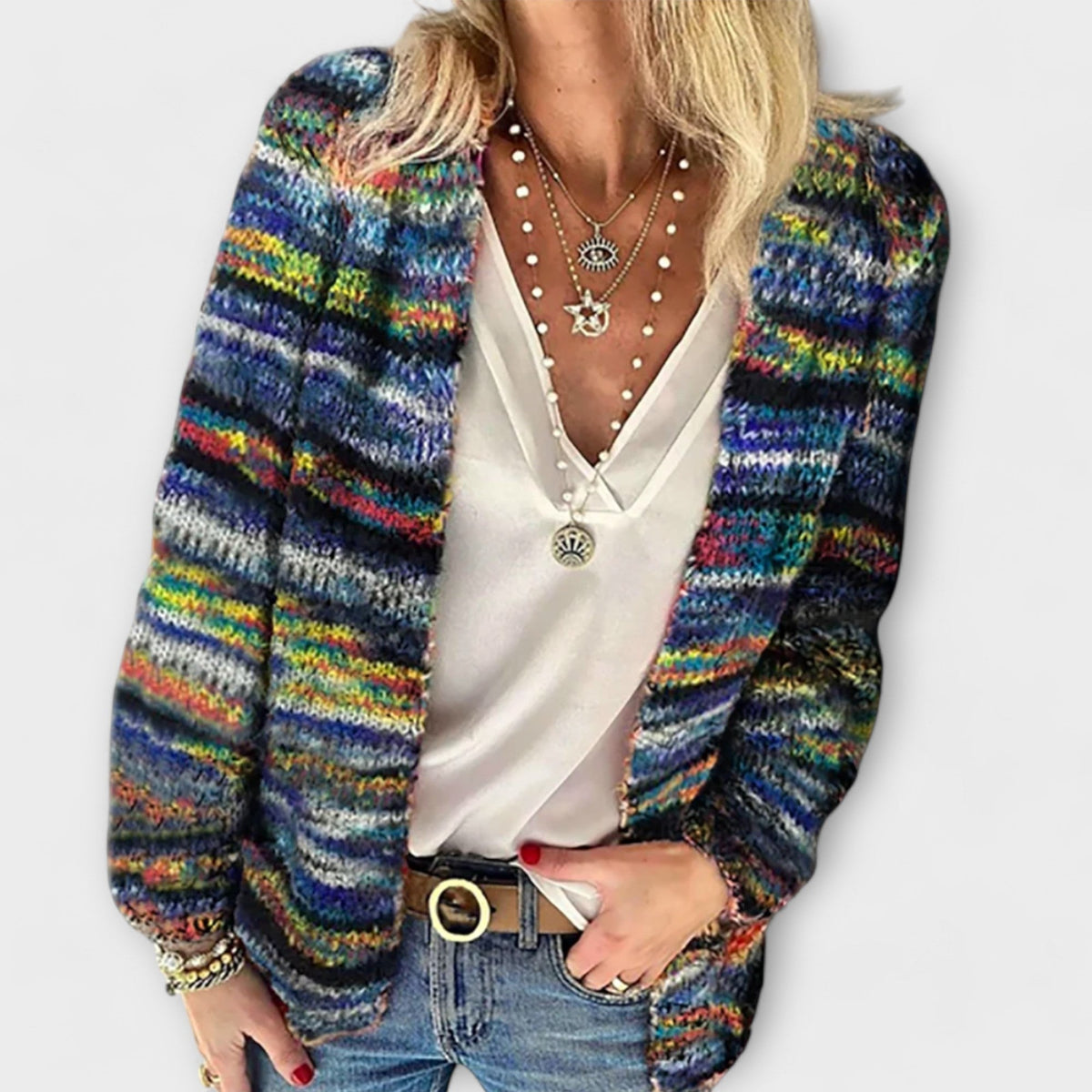 Roswen | Women's Multicolor Striped Open-Front Knit Cardigan — Oversized Layering Sweater | Westmere