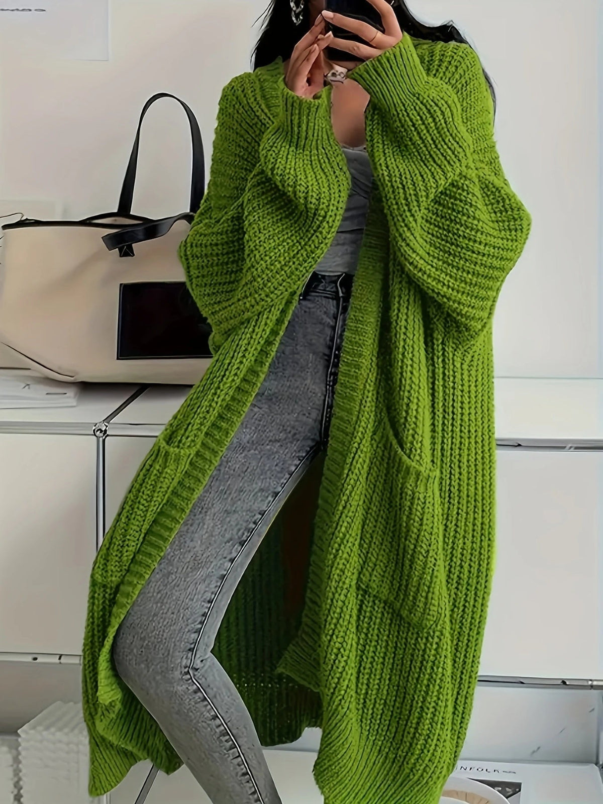 Women's Oversized Longline Knit Cardigan, Open Front | Chunky Ribbed Knit, Mid-Thigh Length | 6 Colorways | S–3XL