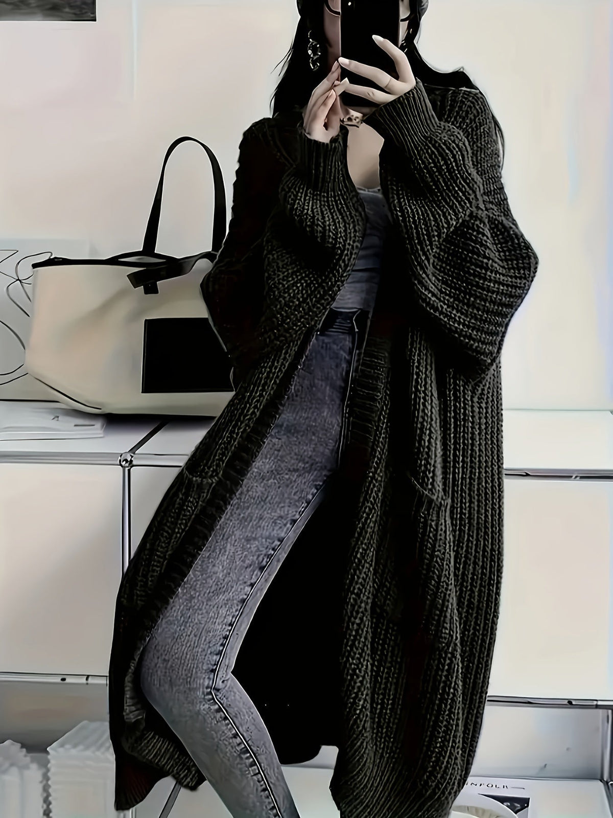Women's Oversized Longline Knit Cardigan, Open Front | Chunky Ribbed Knit, Mid-Thigh Length | 6 Colorways | S–3XL