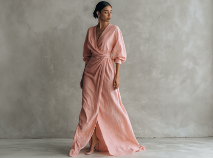 Rose™ | Long minimalist pink dress with V-neck