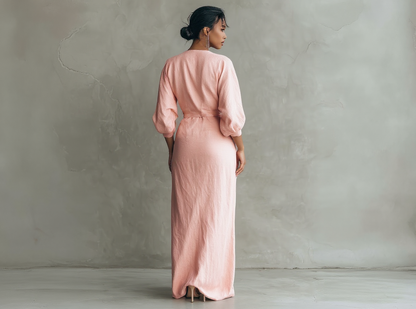 Rose™ | Long minimalist pink dress with V-neck