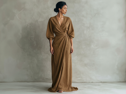 Rose™ | Long minimalist pink dress with V-neck