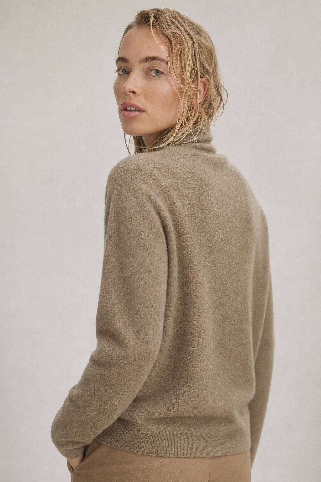 Kathryn Womens Cashmere Wrap Sweater with V-Neck in Camel