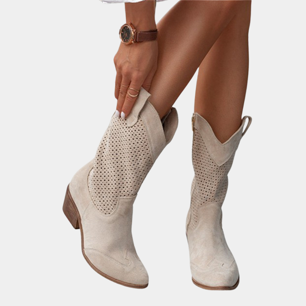Sofia Womens Western Cowboy Boots with Block Heel in Beige