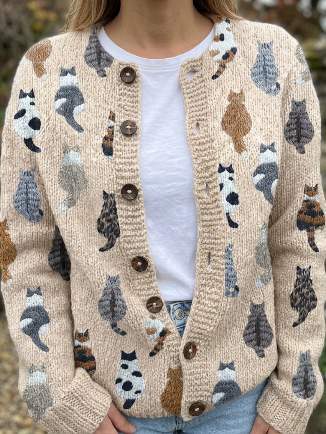 Solvara | Women's Cat Print Button-Front Cardigan — Novelty Knit Layer with All-Over Print | Westmere