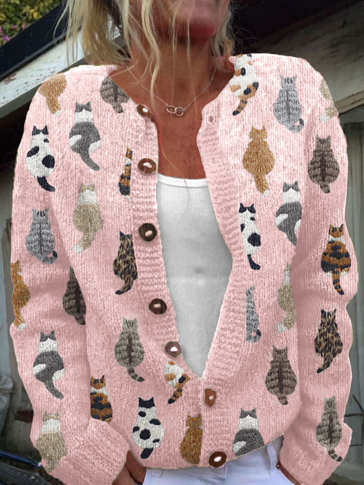 Solvara | Women's Cat Print Button-Front Cardigan — Novelty Knit Layer with All-Over Print | Westmere