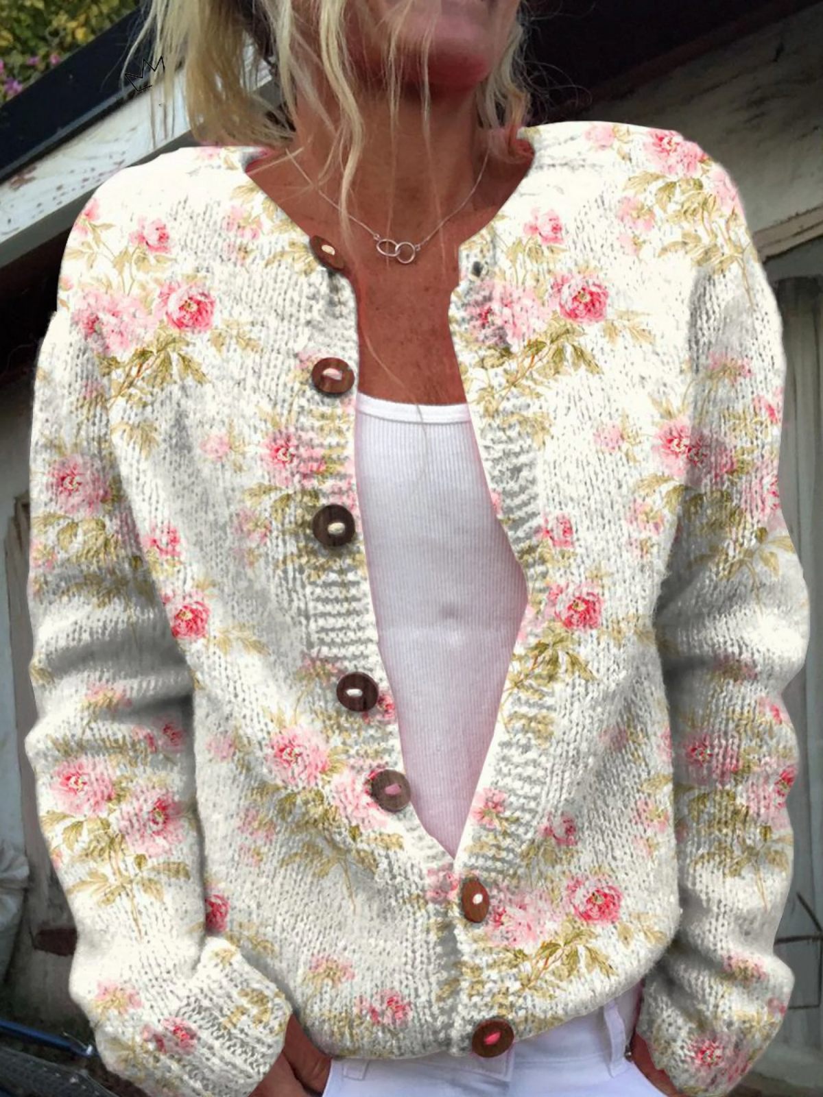 Solvira | Women's Floral Knit Button-Up Cardigan — Chunky Rose Print Layer with Wooden Buttons | Westmere