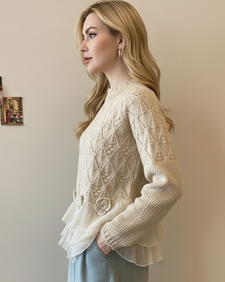 Soraya | Women's Cable Knit Ruffle Hem Sweater — Chiffon Tier with Rosette Trim Detail in Cream | Westmere