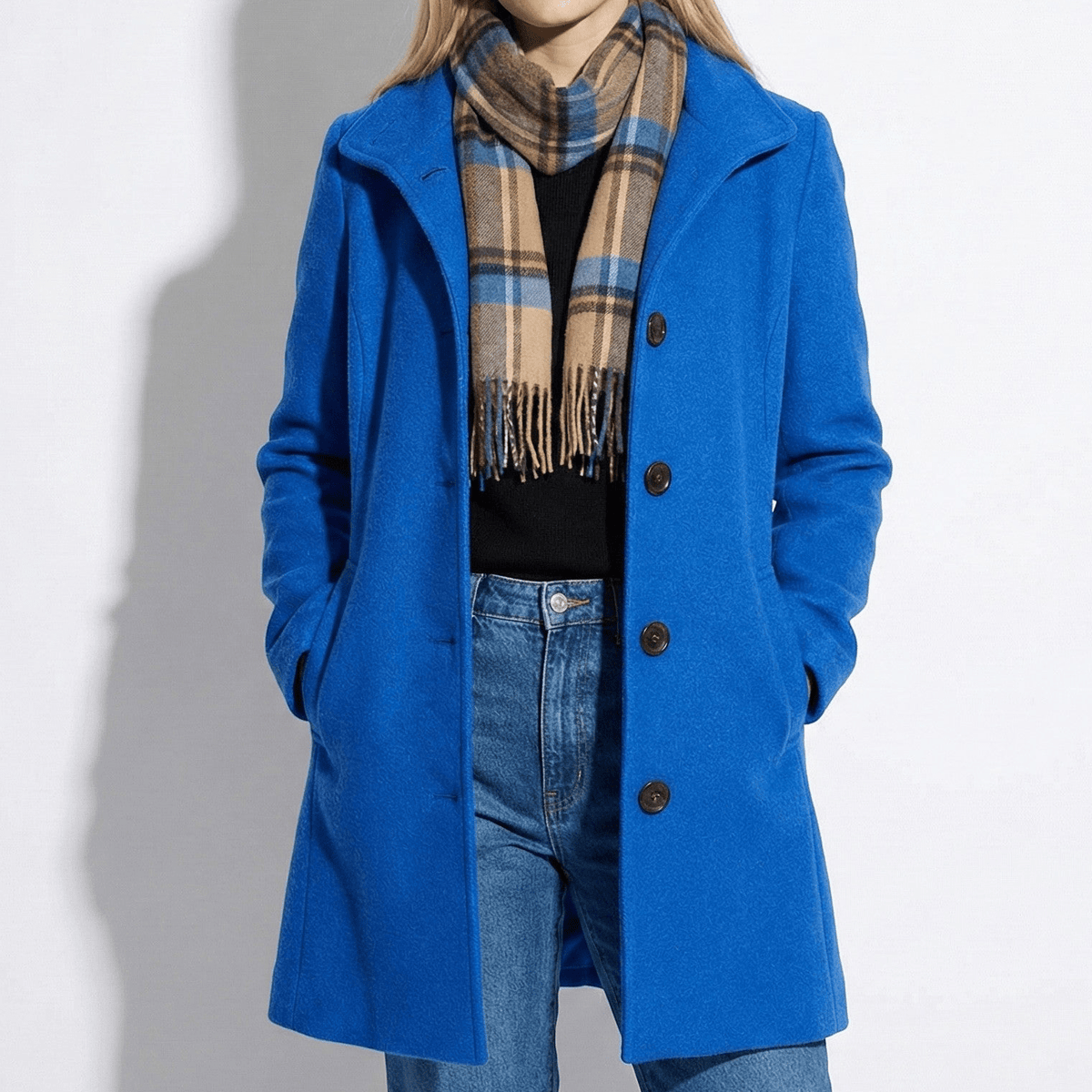 Colleen Womens Button-Front Winter Coat with Clean Lines in Blue