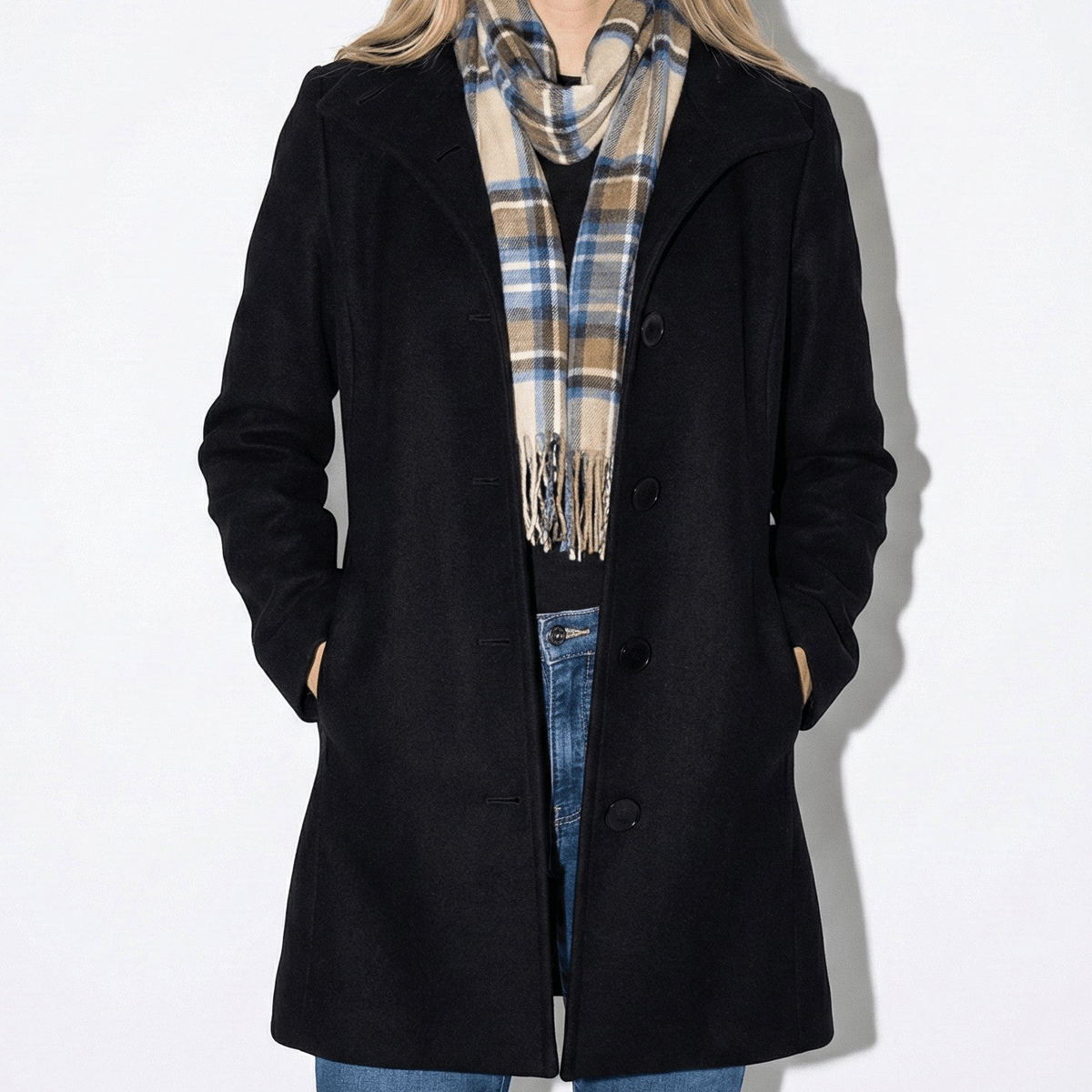 Colleen Womens Button-Front Winter Coat with Clean Lines in Black