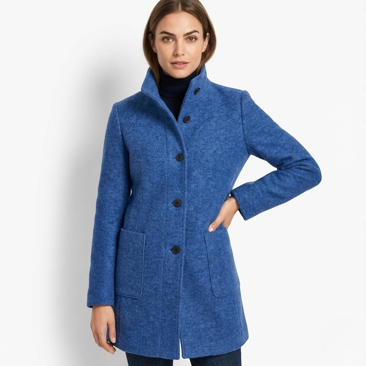 Nichole Womens Long Winter Coat with Stand-Up Collar in Blue
