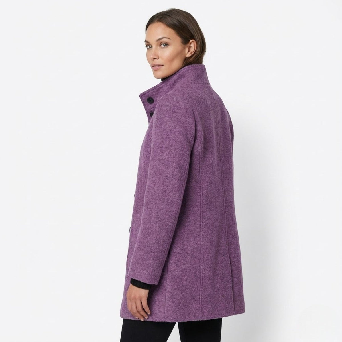 Nichole Womens Long Winter Coat with Stand-Up Collar in Purple