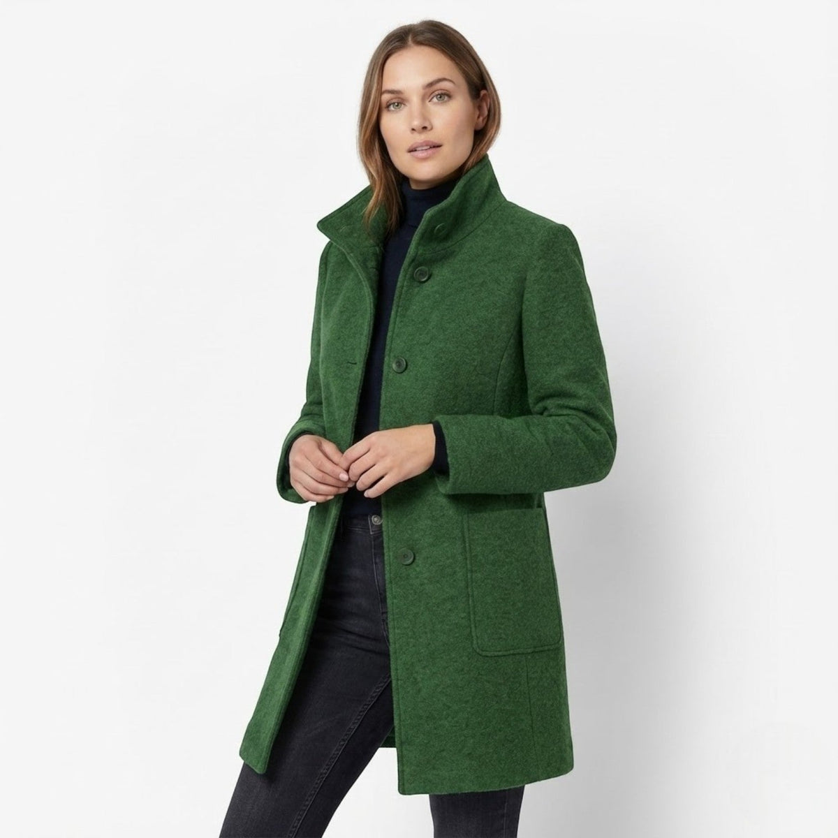 Nichole Womens Long Winter Coat with Stand-Up Collar in Green
