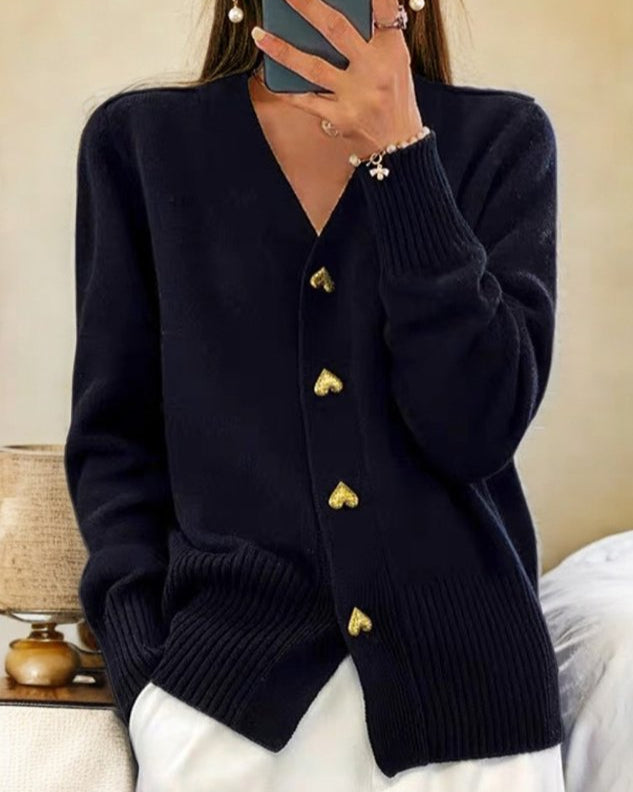 Chelsea Womens V-Neck Cardigan Sweater with Heart Buttons in Black