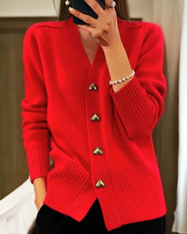 Chelsea Womens V-Neck Cardigan Sweater with Heart Buttons in Red