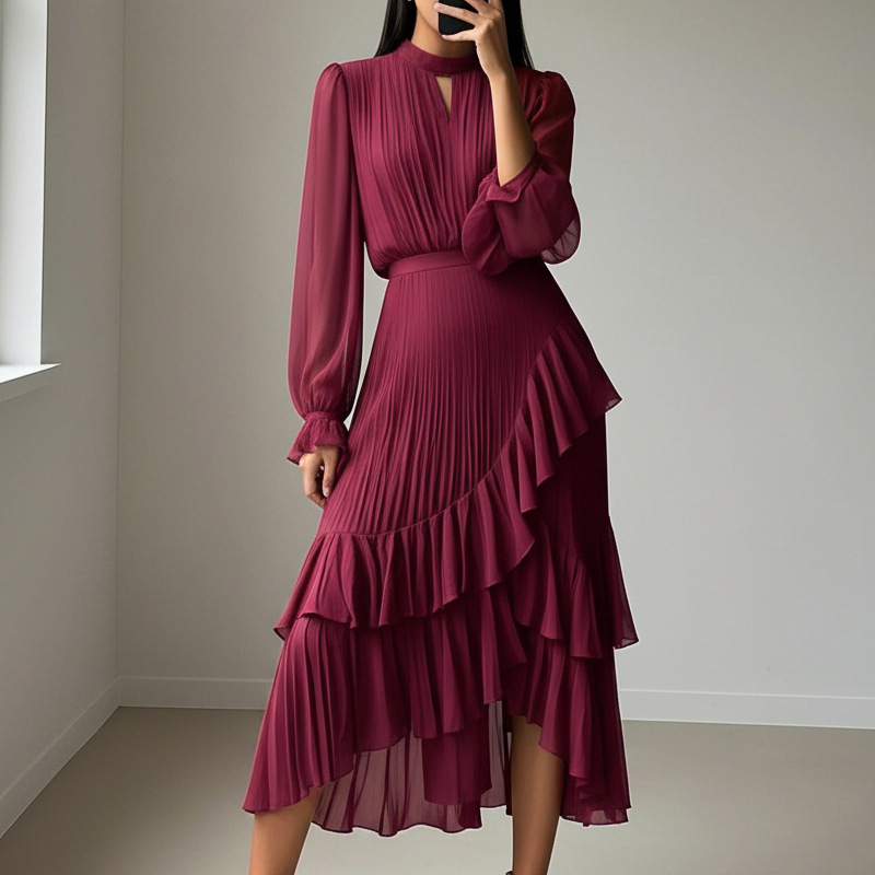 Missy™ | Elegant pleated midi dress with ruffles