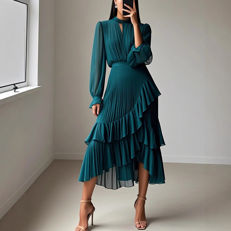 Missy™ | Elegant pleated midi dress with ruffles