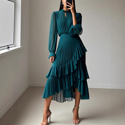 Missy™ | Elegant pleated midi dress with ruffles