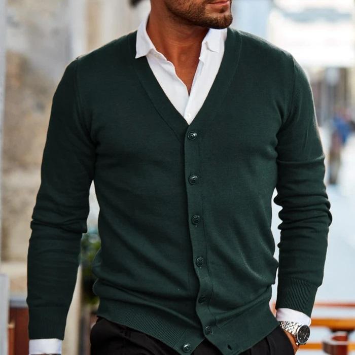 Kevin Mens V-Neck Button Cardigan Sweater in Dark Green
