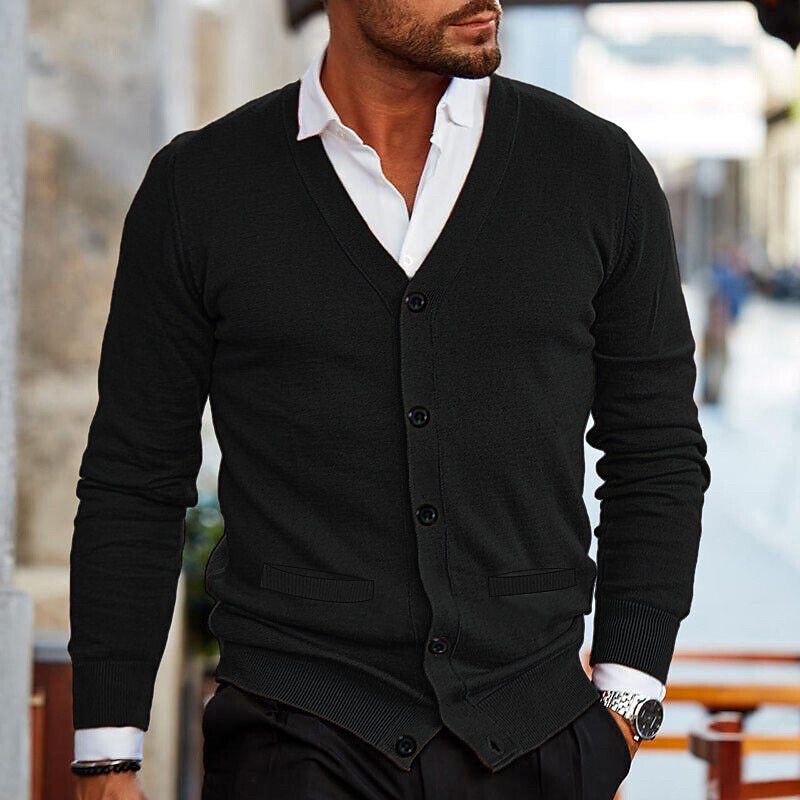 Kevin Mens V-Neck Button Cardigan Sweater in Black