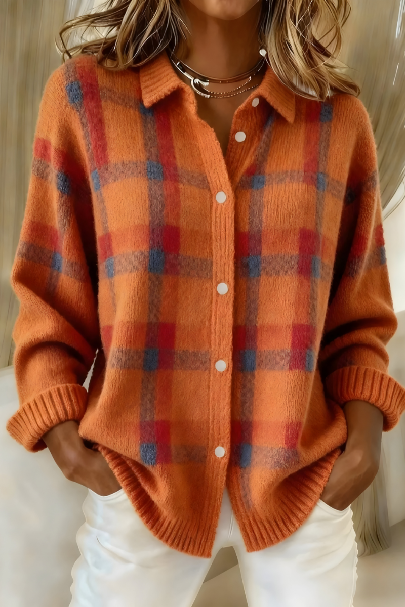 Women's Plaid Button-Up Cardigan, Relaxed Oversized Fit | Bold Check Pattern, Ribbed Cuffs & Collar | 7 Colorways | S–5XL
