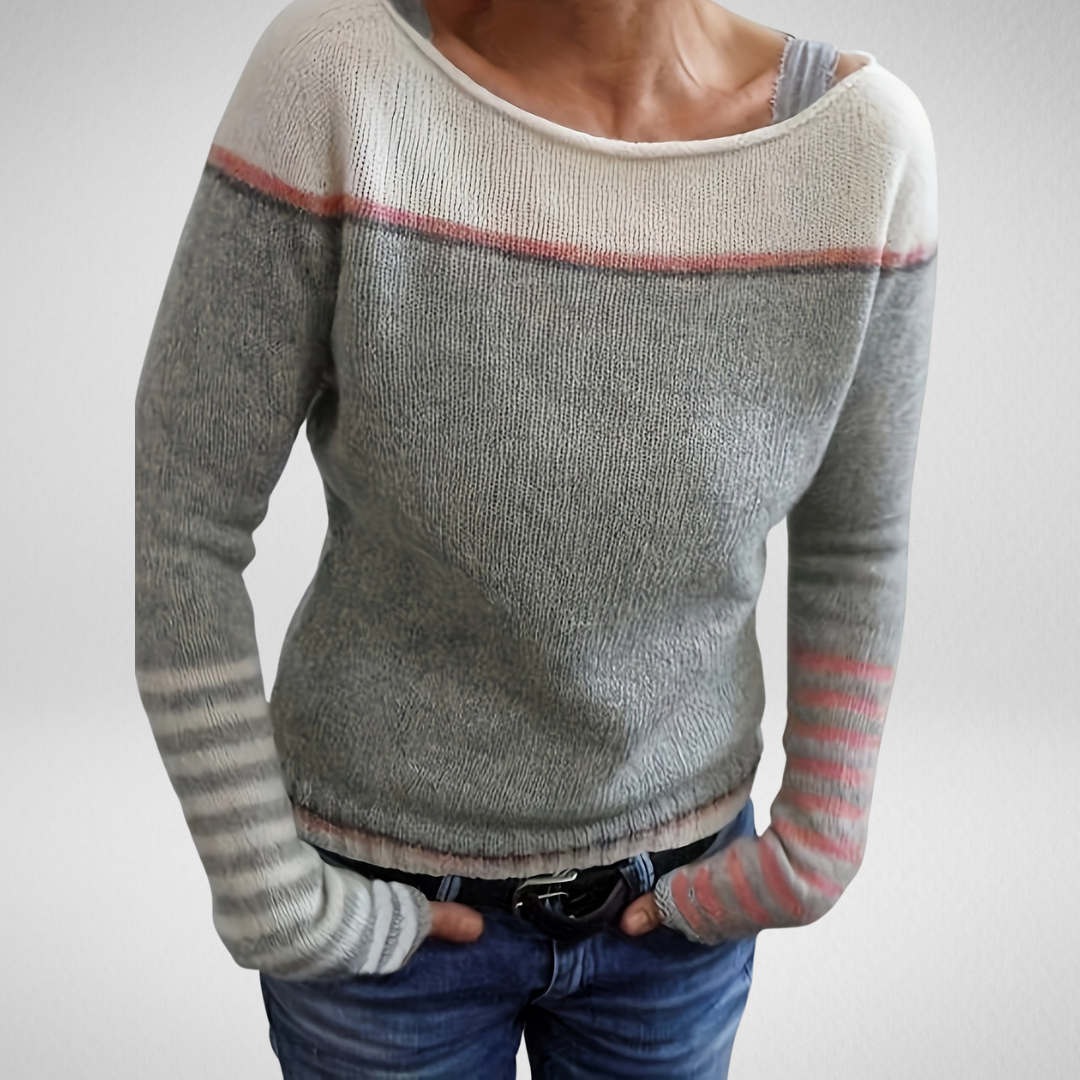 Tavitha | Women's Striped Boat Neck Knit Sweater — Soft Long-Sleeve Pullover with Stripe Cuffs | Westmere