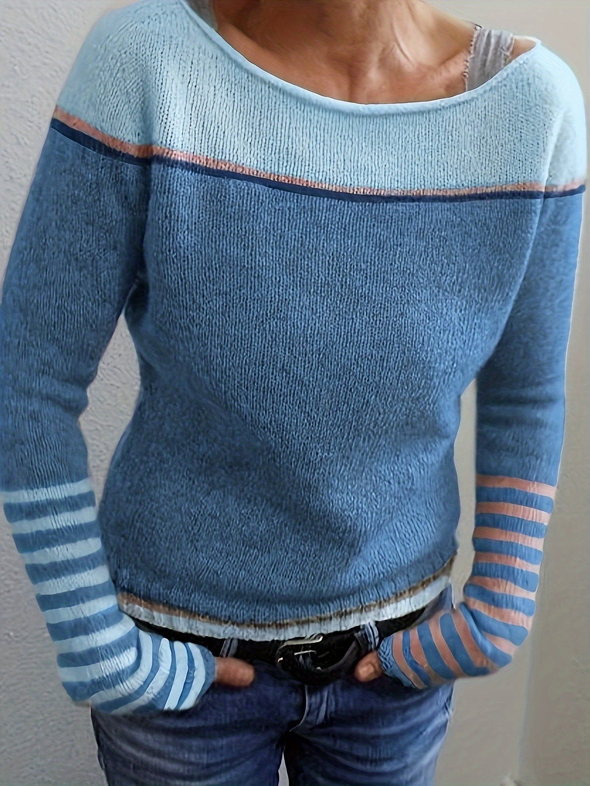 Tavitha | Women's Striped Boat Neck Knit Sweater — Soft Long-Sleeve Pullover with Stripe Cuffs | Westmere