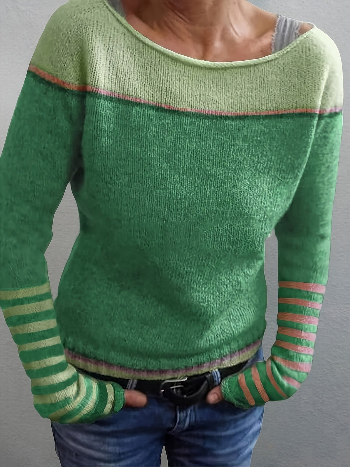 Tavitha | Women's Striped Boat Neck Knit Sweater — Soft Long-Sleeve Pullover with Stripe Cuffs | Westmere