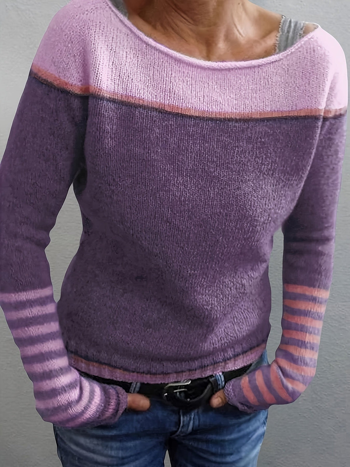 Tavitha | Women's Striped Boat Neck Knit Sweater — Soft Long-Sleeve Pullover with Stripe Cuffs | Westmere