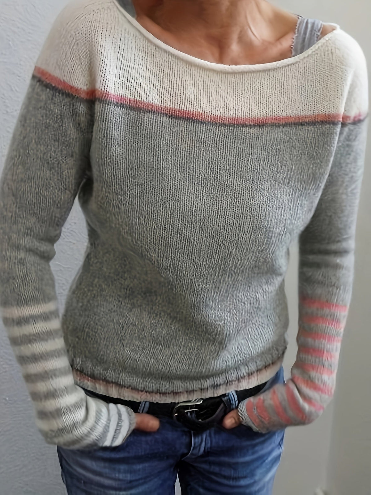 Tavitha | Women's Striped Boat Neck Knit Sweater — Soft Long-Sleeve Pullover with Stripe Cuffs | Westmere